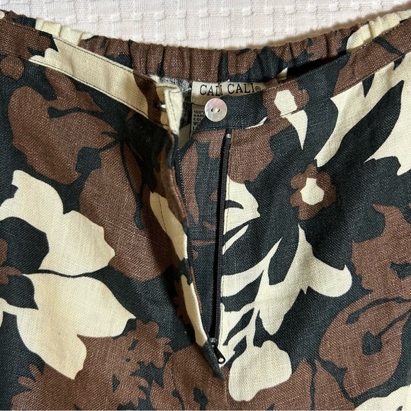 Cali Cali 100% Linen Cargo Wide Leg Style Floral Crop Pants Brown Multi Size M - Picture 4 of 10